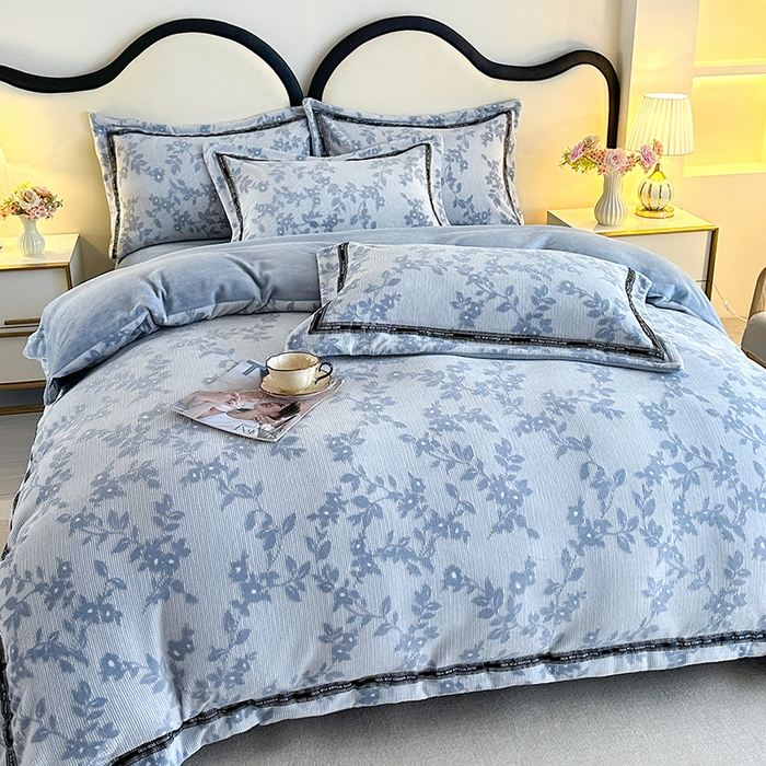 爱洛 2025新款牛奶绒四件套牛奶绒雕花四件套纯色牛奶绒四件套 枫叶-蓝