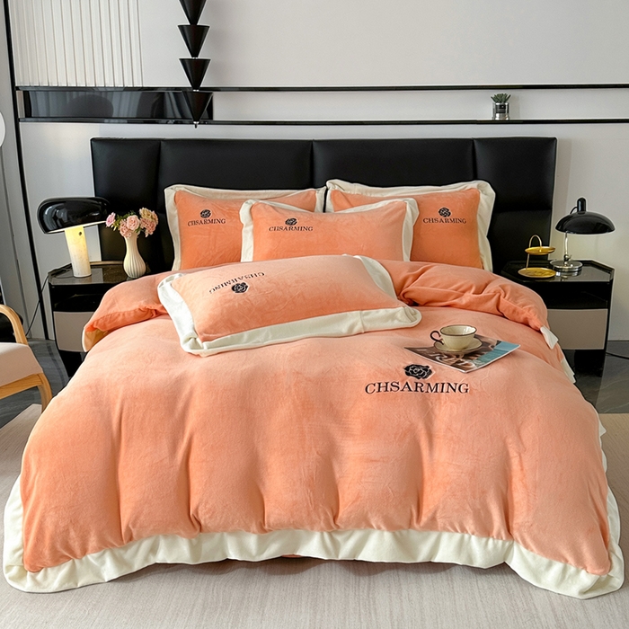 91家纺网 家纺一手货源 找家纺 爱洛 2025新款牛奶绒四件套牛奶绒刺绣四件套纯色牛奶绒四件套 山茶花-艾玛橙