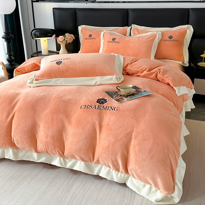 91家纺网 家纺一手货源 找家纺 爱洛 2025新款牛奶绒四件套牛奶绒刺绣四件套纯色牛奶绒四件套 山茶花-艾玛橙