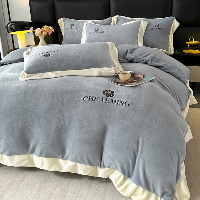 爱洛 2025新款牛奶绒四件套牛奶绒刺绣四件套纯色牛奶绒四件套 山茶花-灰色