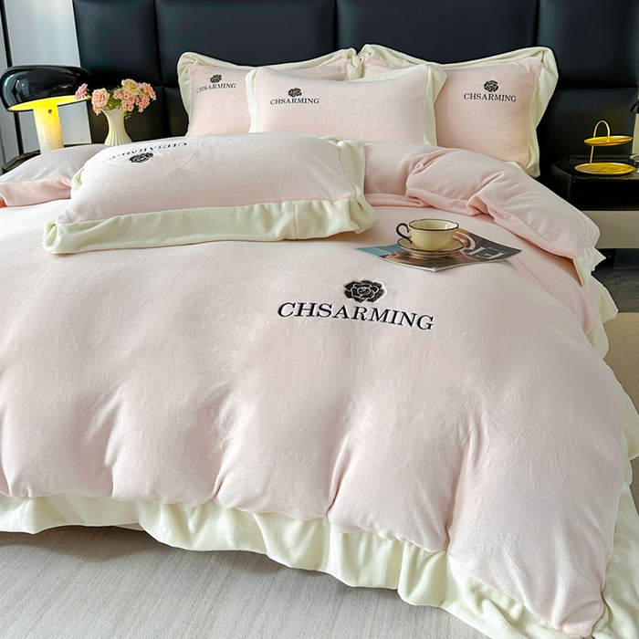 爱洛 2025新款牛奶绒四件套牛奶绒刺绣四件套纯色牛奶绒四件套 山茶花-奶油粉