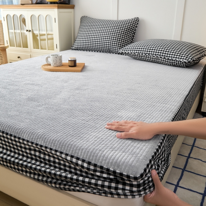 91家纺网 家纺一手货源 找家纺 沐纯家居 2025新款A类全棉纯棉色织水洗棉加婴儿绒双面可用床笠-暖绒系列 暖绒-黑白格