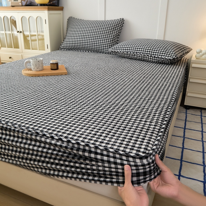 91家纺网 家纺一手货源 找家纺 沐纯家居 2025新款A类全棉纯棉色织水洗棉加婴儿绒双面可用床笠-暖绒系列 暖绒-黑白格