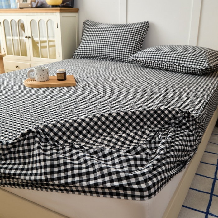 91家纺网 家纺一手货源 找家纺 沐纯家居 2025新款A类全棉纯棉色织水洗棉加婴儿绒双面可用床笠-暖绒系列 暖绒-黑白格