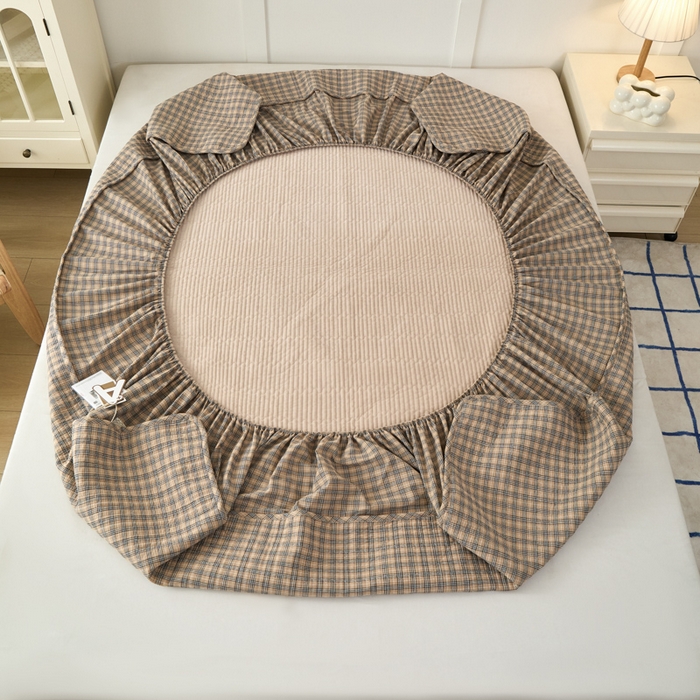 91家纺网 家纺一手货源 找家纺 沐纯家居 2025新款A类全棉纯棉色织水洗棉加婴儿绒双面可用床笠-暖绒系列 暖绒-卡其格