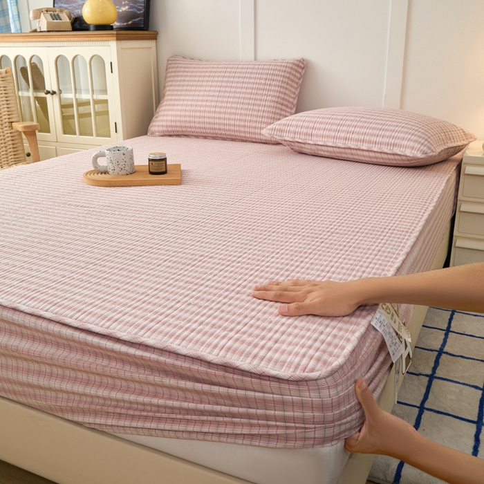 91家纺网 家纺一手货源 找家纺 沐纯家居 2025新款A类全棉纯棉色织水洗棉加婴儿绒双面可用床笠-暖绒系列 暖绒-柠檬粉