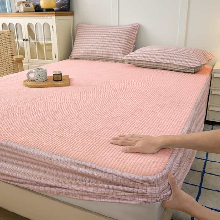 91家纺网 家纺一手货源 找家纺 沐纯家居 2025新款A类全棉纯棉色织水洗棉加婴儿绒双面可用床笠-暖绒系列 暖绒-柠檬粉