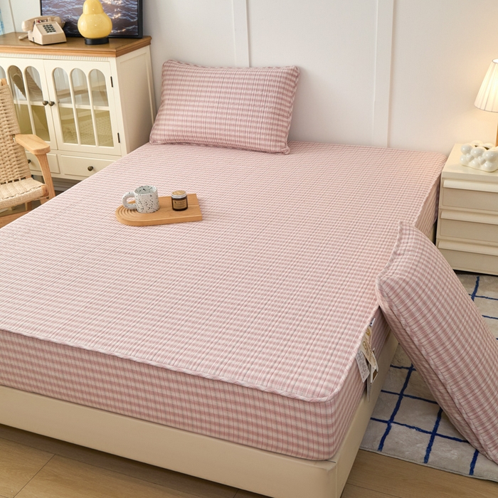 91家纺网 家纺一手货源 找家纺 沐纯家居 2025新款A类全棉纯棉色织水洗棉加婴儿绒双面可用床笠-暖绒系列 暖绒-柠檬粉