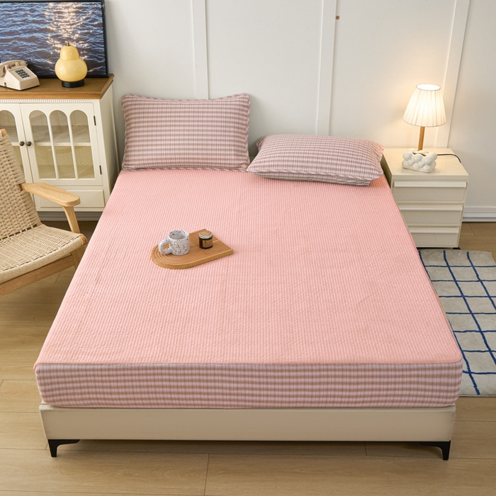 91家纺网 家纺一手货源 找家纺 沐纯家居 2025新款A类全棉纯棉色织水洗棉加婴儿绒双面可用床笠-暖绒系列 暖绒-柠檬粉