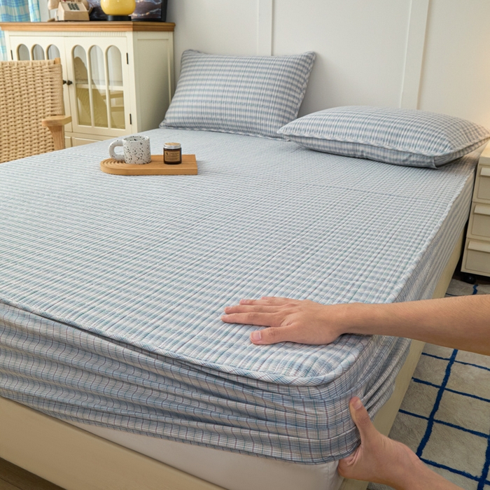 91家纺网 家纺一手货源 找家纺 沐纯家居 2025新款A类全棉纯棉色织水洗棉加婴儿绒双面可用床笠-暖绒系列 暖绒-柠檬蓝