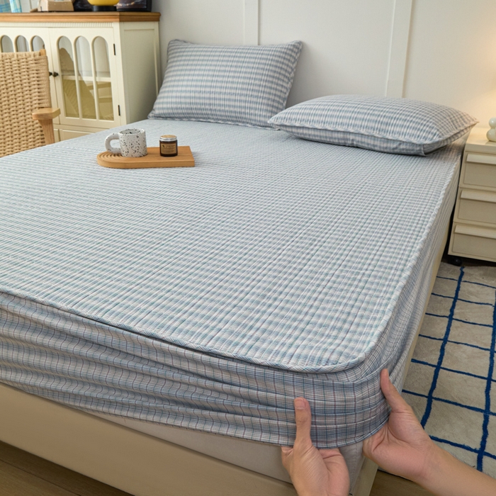 91家纺网 家纺一手货源 找家纺 沐纯家居 2025新款A类全棉纯棉色织水洗棉加婴儿绒双面可用床笠-暖绒系列 暖绒-柠檬蓝