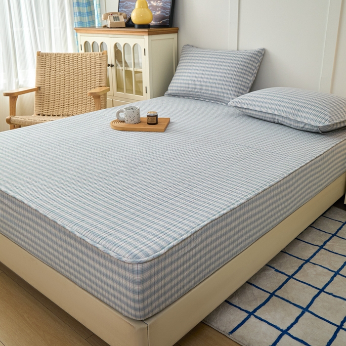 91家纺网 家纺一手货源 找家纺 沐纯家居 2025新款A类全棉纯棉色织水洗棉加婴儿绒双面可用床笠-暖绒系列 暖绒-柠檬蓝