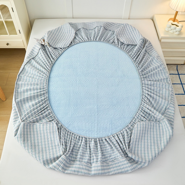 91家纺网 家纺一手货源 找家纺 沐纯家居 2025新款A类全棉纯棉色织水洗棉加婴儿绒双面可用床笠-暖绒系列 暖绒-柠檬蓝