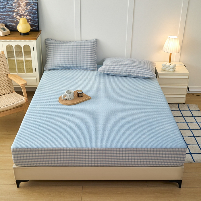 91家纺网 家纺一手货源 找家纺 沐纯家居 2025新款A类全棉纯棉色织水洗棉加婴儿绒双面可用床笠-暖绒系列 暖绒-柠檬蓝