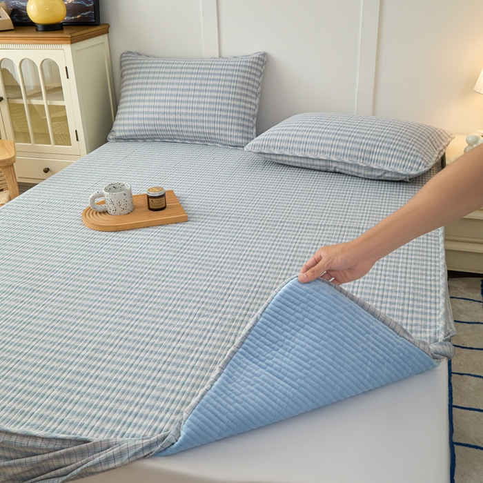 91家纺网 家纺一手货源 找家纺 沐纯家居 2025新款A类全棉纯棉色织水洗棉加婴儿绒双面可用床笠-暖绒系列 暖绒-柠檬蓝