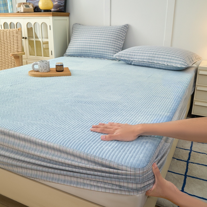 91家纺网 家纺一手货源 找家纺 沐纯家居 2025新款A类全棉纯棉色织水洗棉加婴儿绒双面可用床笠-暖绒系列 暖绒-柠檬蓝