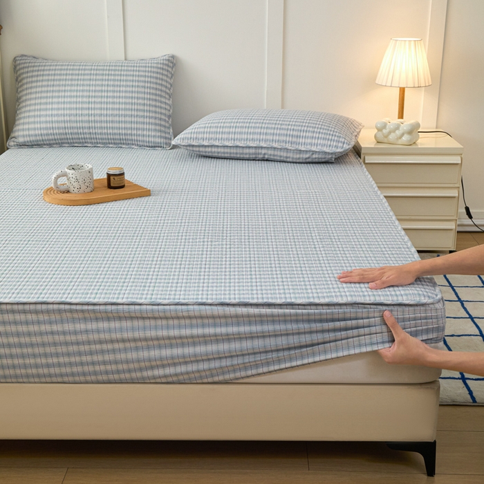 91家纺网 家纺一手货源 找家纺 沐纯家居 2025新款A类全棉纯棉色织水洗棉加婴儿绒双面可用床笠-暖绒系列 暖绒-柠檬蓝