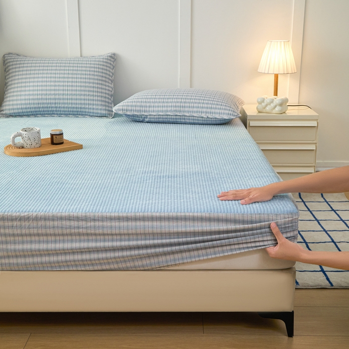 91家纺网 家纺一手货源 找家纺 沐纯家居 2025新款A类全棉纯棉色织水洗棉加婴儿绒双面可用床笠-暖绒系列 暖绒-柠檬蓝