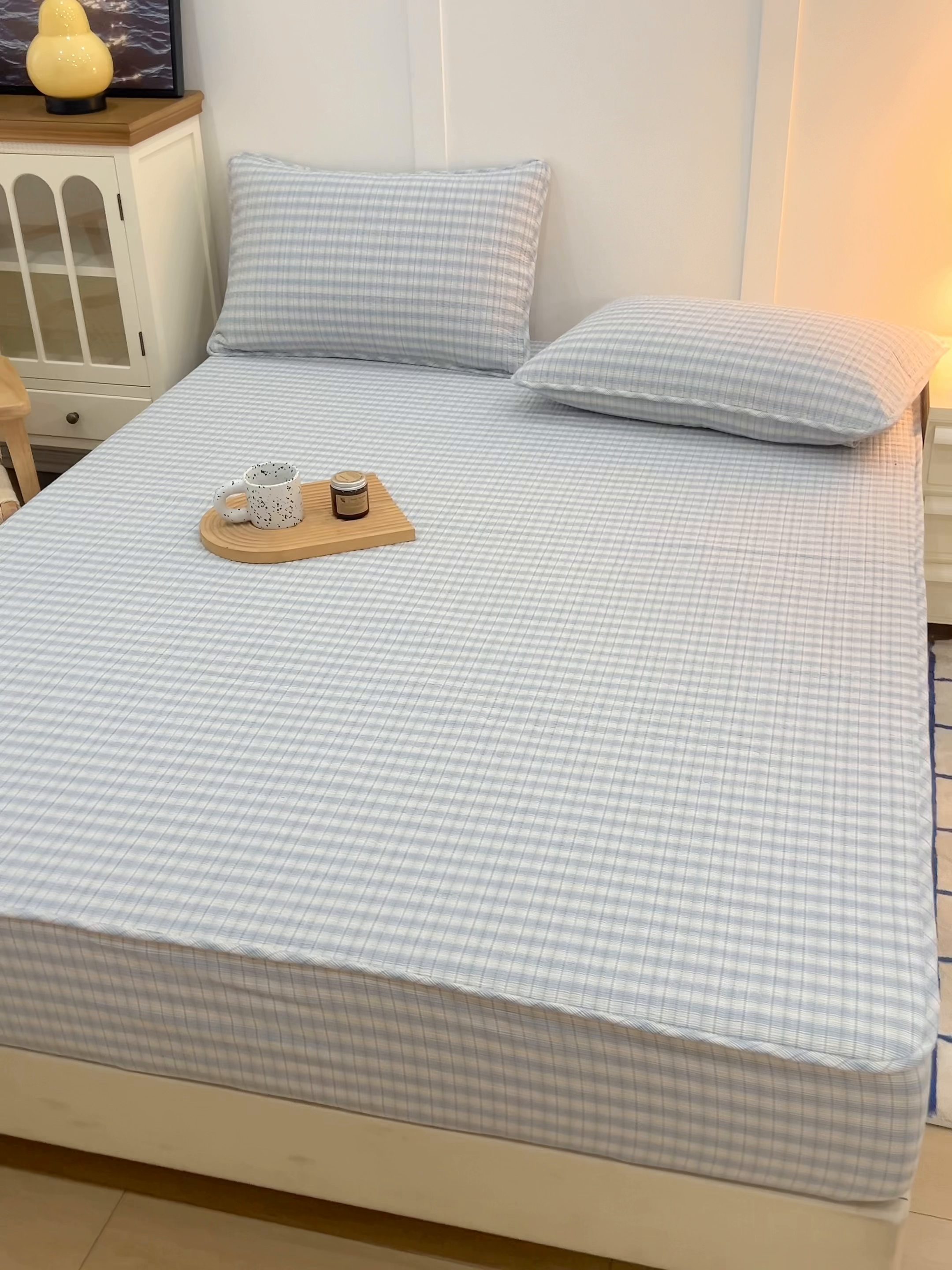 91家纺网 家纺一手货源 找家纺 沐纯家居 2025新款A类全棉纯棉色织水洗棉加婴儿绒双面可用床笠-暖绒系列 暖绒-柠檬蓝