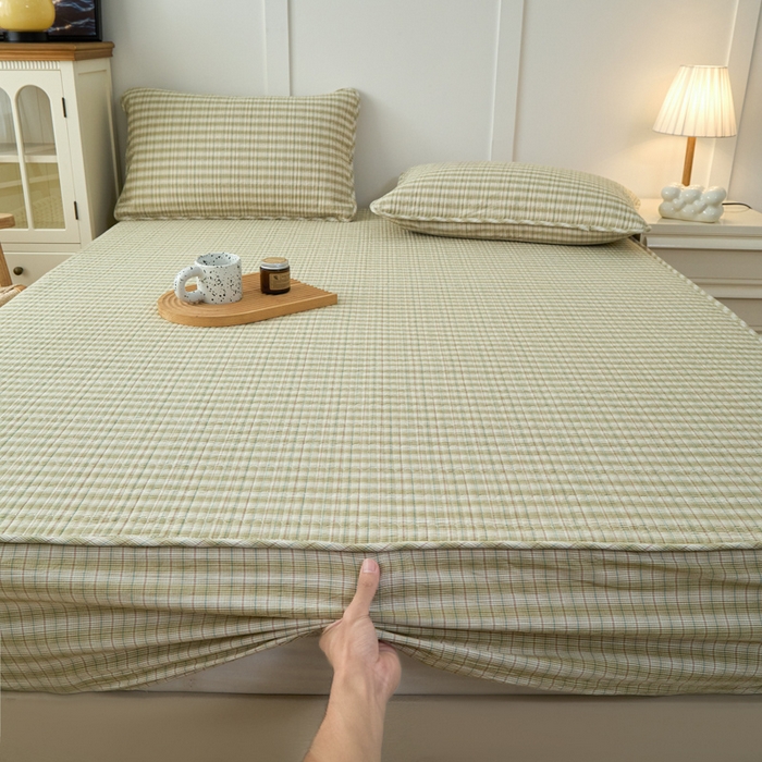 91家纺网 家纺一手货源 找家纺 沐纯家居 2025新款A类全棉纯棉色织水洗棉加婴儿绒双面可用床笠-暖绒系列 暖绒-柠檬绿