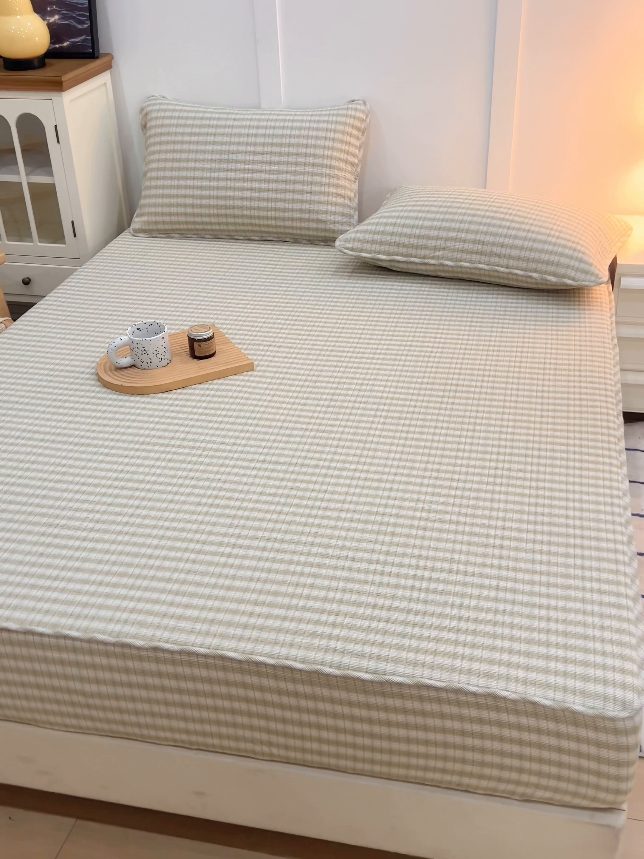 91家纺网 家纺一手货源 找家纺 沐纯家居 2025新款A类全棉纯棉色织水洗棉加婴儿绒双面可用床笠-暖绒系列 暖绒-柠檬绿