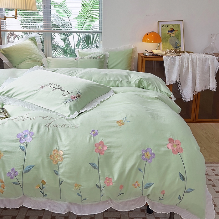 91家纺网 家纺一手货源 找家纺 （总）青泽家纺 2025新款母婴级ins风韩版绣花荷叶边水洗棉磨毛四件套