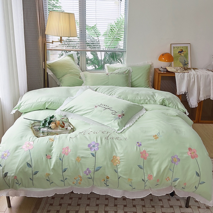 91家纺网 家纺一手货源 找家纺 （总）青泽家纺 2025新款母婴级ins风韩版绣花荷叶边水洗棉磨毛四件套