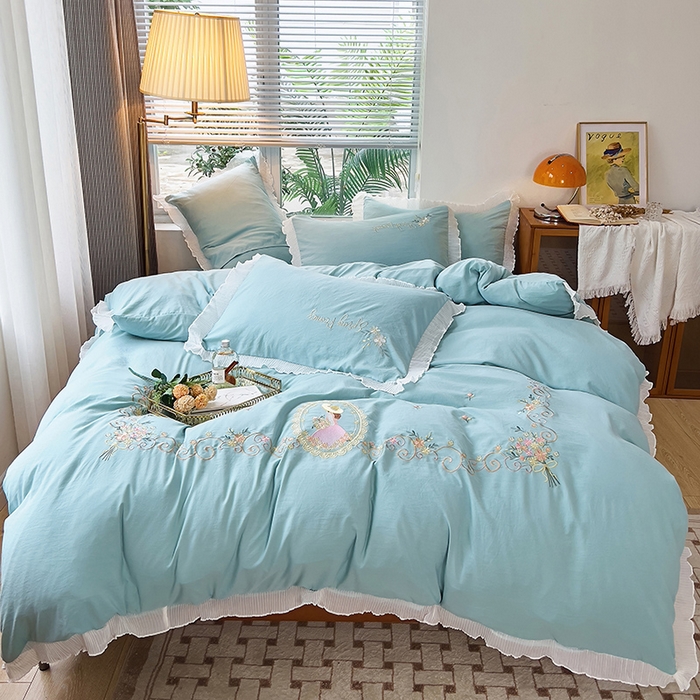 91家纺网 家纺一手货源 找家纺 （总）青泽家纺 2025新款母婴级ins风韩版绣花荷叶边水洗棉磨毛四件套