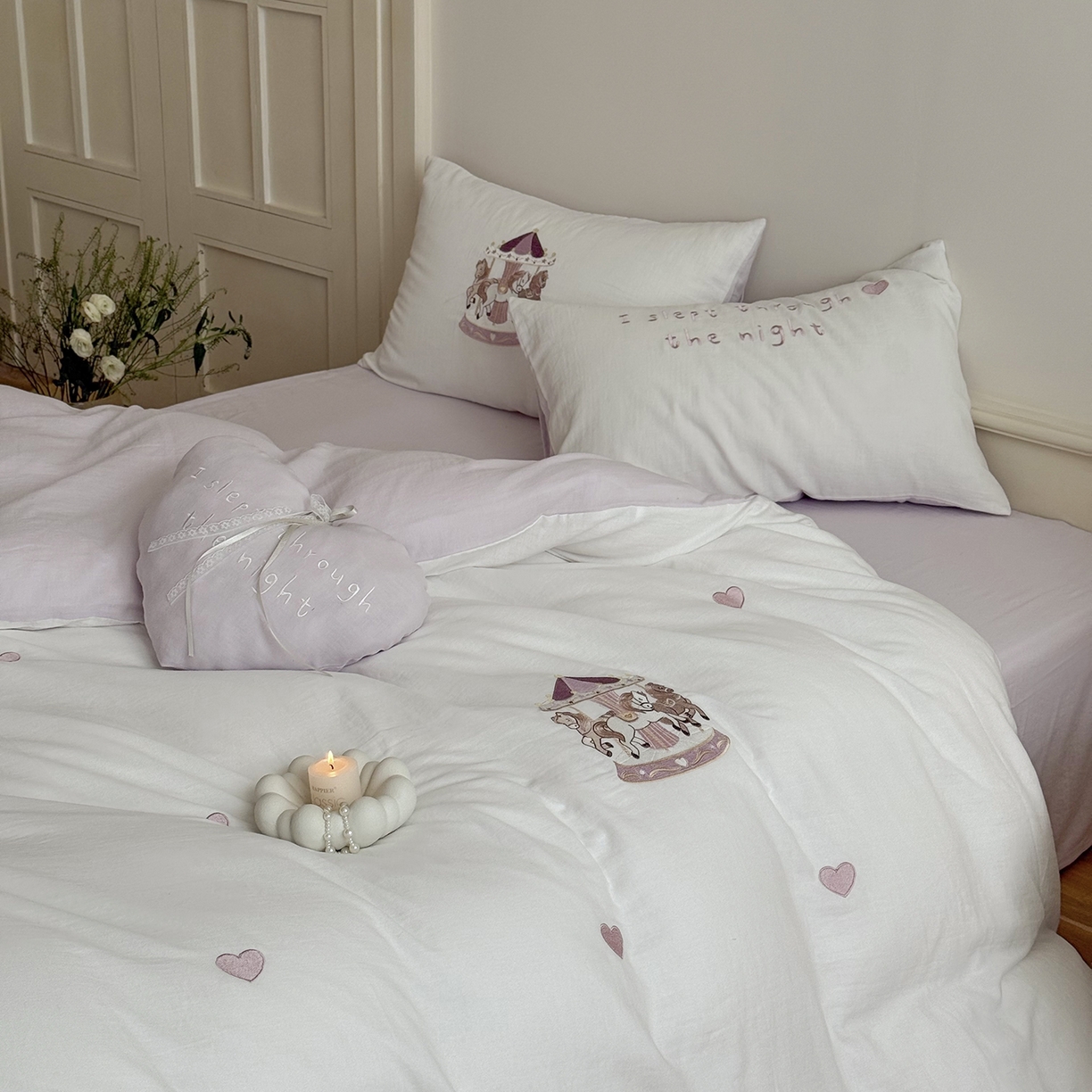 鹿班家居 2025新款秋冬款全棉皱皱纱精密刺绣系列四件套-旋转木马（标准会员-20元） 紫色