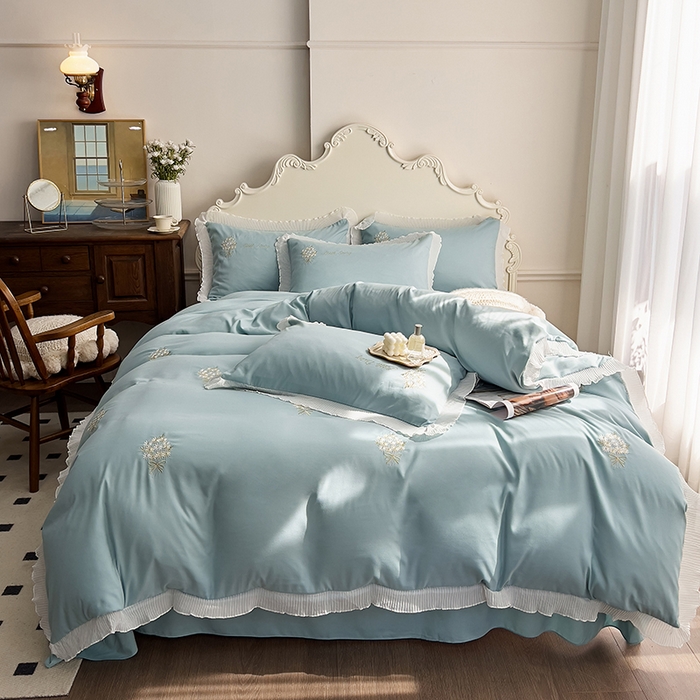 91家纺网 家纺一手货源 找家纺 （总）青泽家纺 2025新款母婴级ins风韩版绣花荷叶边水洗棉磨毛四件套