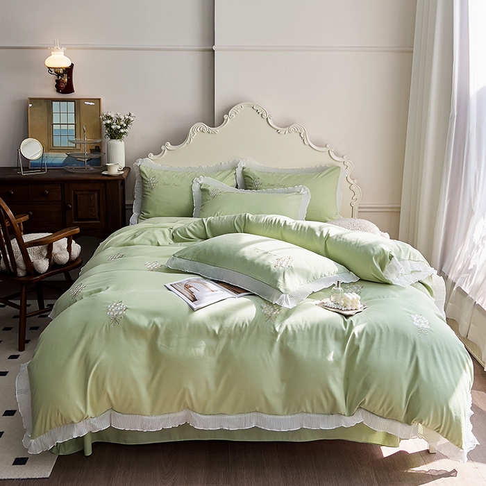 91家纺网 家纺一手货源 找家纺 （总）青泽家纺 2025新款母婴级ins风韩版绣花荷叶边水洗棉磨毛四件套