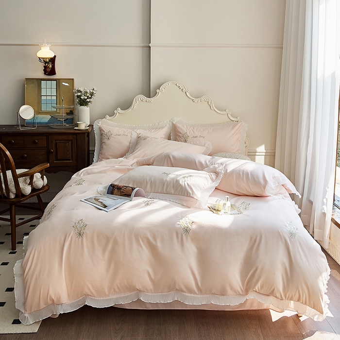 91家纺网 家纺一手货源 找家纺 （总）青泽家纺 2025新款母婴级ins风韩版绣花荷叶边水洗棉磨毛四件套