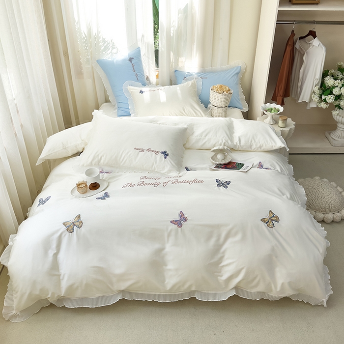 91家纺网 家纺一手货源 找家纺 （总）青泽家纺 2025新款母婴级ins风韩版绣花荷叶边水洗棉磨毛四件套