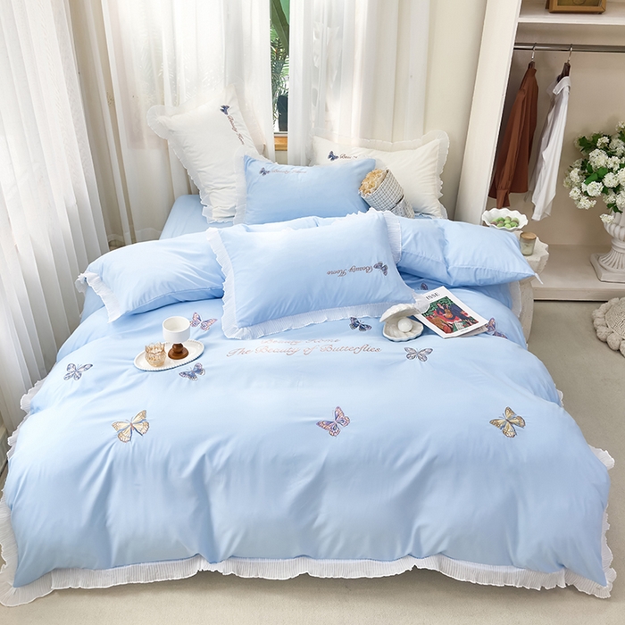 91家纺网 家纺一手货源 找家纺 （总）青泽家纺 2025新款母婴级ins风韩版绣花荷叶边水洗棉磨毛四件套