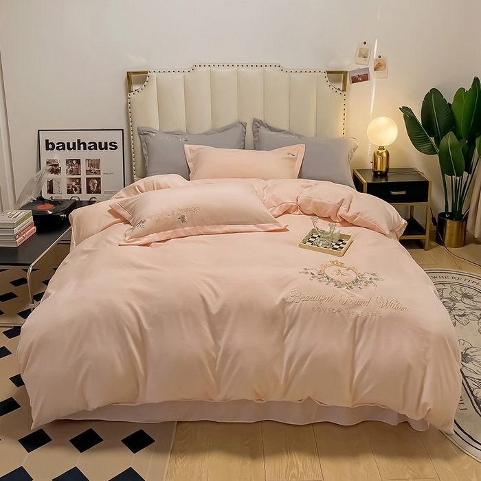 青泽家纺 2025新款水洗棉绣花磨毛四件套碳素磨毛床单款床笠款套件 田梦-玉色