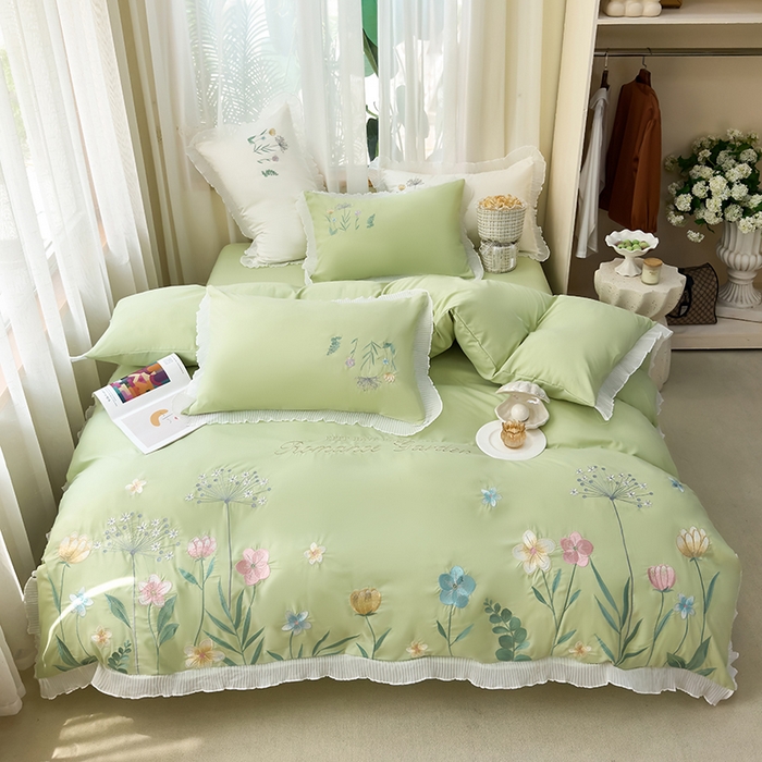 91家纺网 家纺一手货源 找家纺 （总）青泽家纺 2025新款母婴级ins风韩版绣花荷叶边水洗棉磨毛四件套