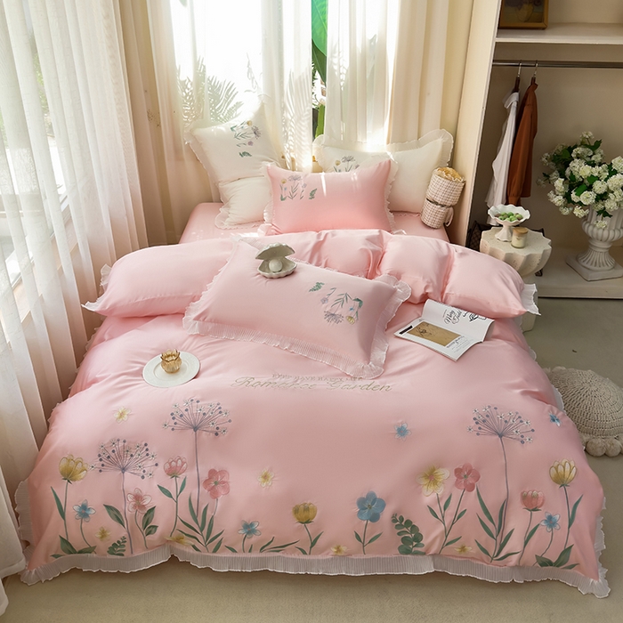 91家纺网 家纺一手货源 找家纺 （总）青泽家纺 2025新款母婴级ins风韩版绣花荷叶边水洗棉磨毛四件套