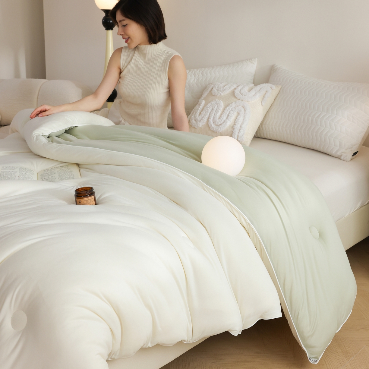 91家纺网 家纺一手货源 找家纺 益多眠 2025新款针织棉牛奶被针织被大豆被秋冬被学生被子被芯纯色被子 牛奶针织被--奶白绿