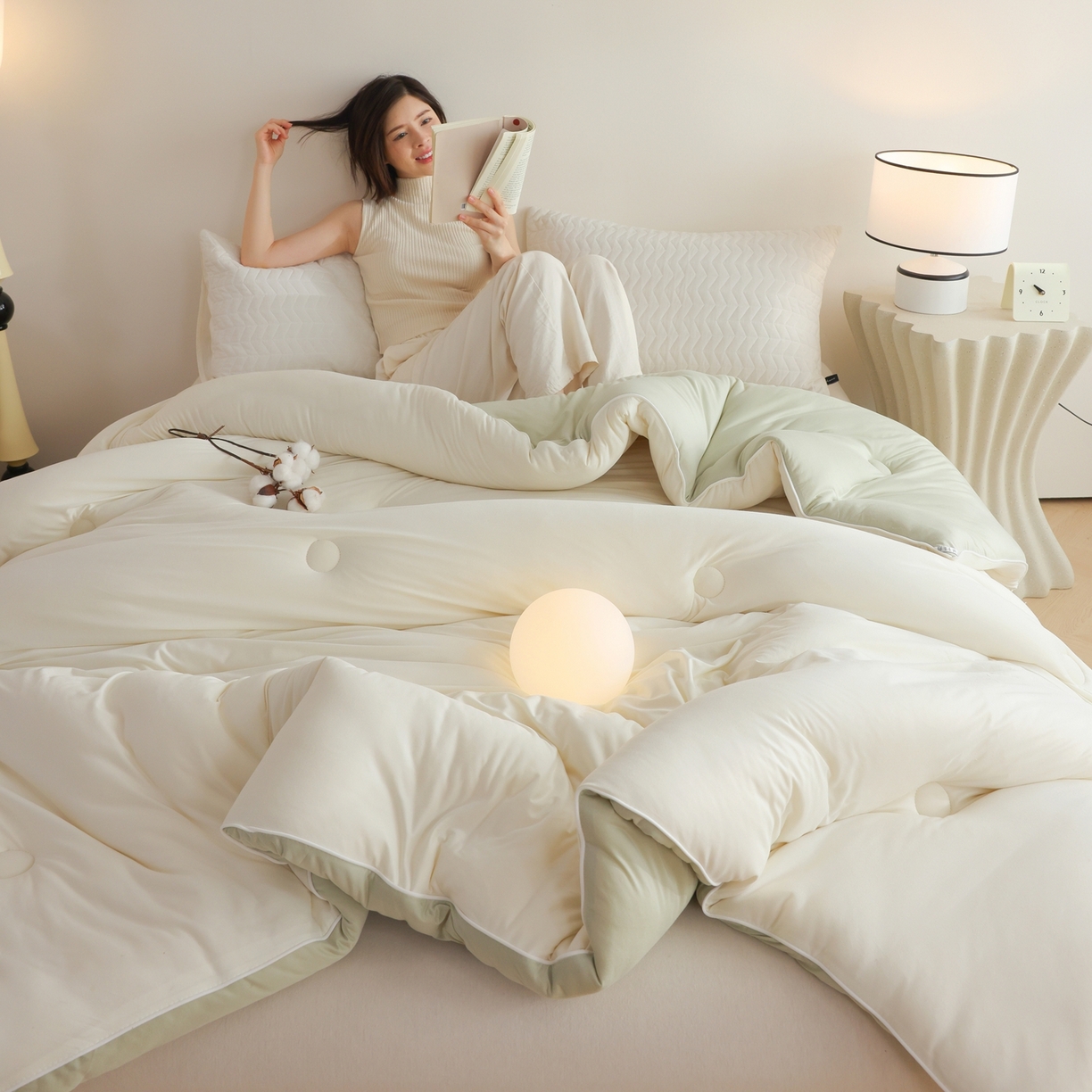 91家纺网 家纺一手货源 找家纺 益多眠 2025新款针织棉牛奶被针织被大豆被秋冬被学生被子被芯纯色被子 牛奶针织被--奶白绿