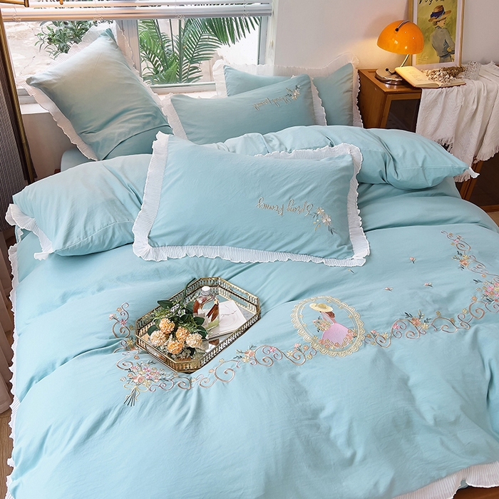 91家纺网 家纺一手货源 找家纺 青泽家纺 2025新款母婴级ins风韩版绣花荷叶边水洗棉磨毛四件套 安娜公主蓝