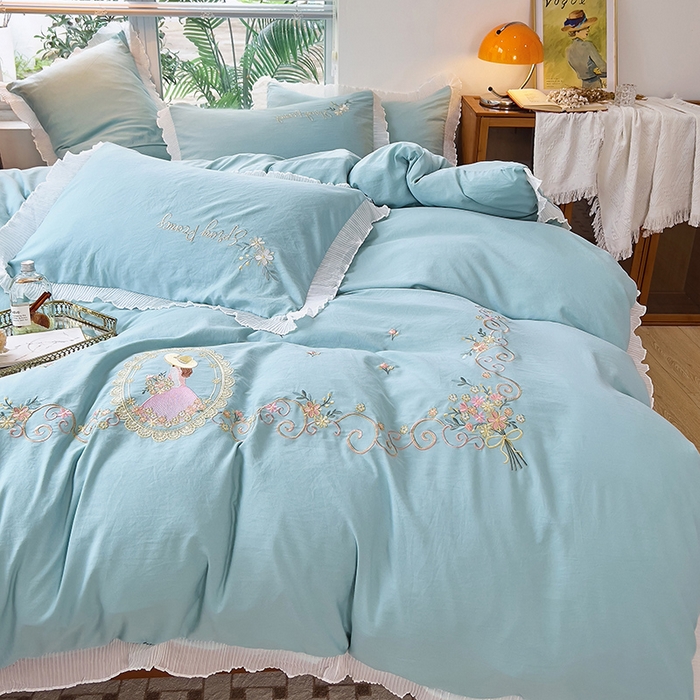 91家纺网 家纺一手货源 找家纺 青泽家纺 2025新款母婴级ins风韩版绣花荷叶边水洗棉磨毛四件套 安娜公主蓝