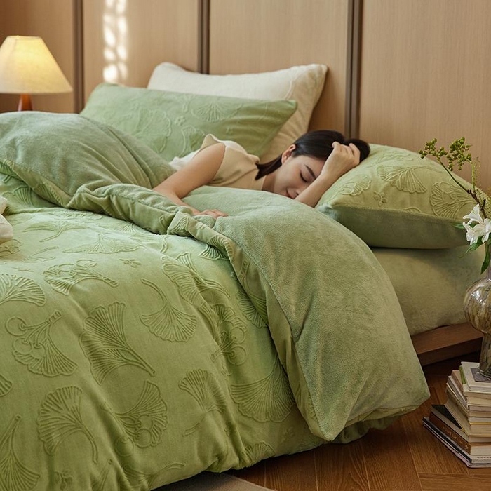 眠博士 2025新款浮雕款烂花牛奶绒加厚保暖莱伊和赛纳四件套 浮雕款-赛纳浅绿