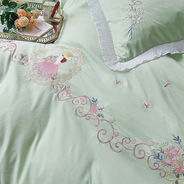 91家纺网 家纺一手货源 找家纺 青泽家纺 2025新款母婴级ins风韩版绣花荷叶边水洗棉磨毛四件套 安娜公主绿