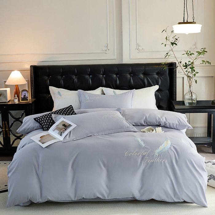 青泽家纺 2025新款水洗棉绣花磨毛四件套碳素磨毛床单款床笠款套件 轻羽高级灰