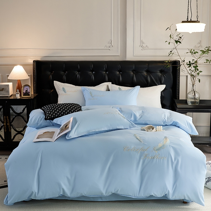青泽家纺 2025新款水洗棉绣花磨毛四件套碳素磨毛床单款床笠款套件 轻羽天蓝