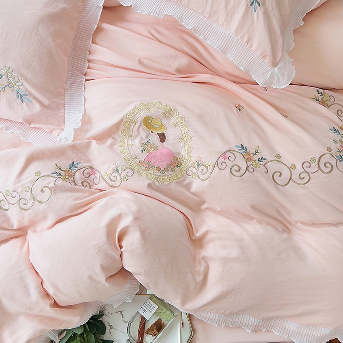 91家纺网 家纺一手货源 找家纺 青泽家纺 2025新款母婴级ins风韩版绣花荷叶边水洗棉磨毛四件套 安娜公主玉