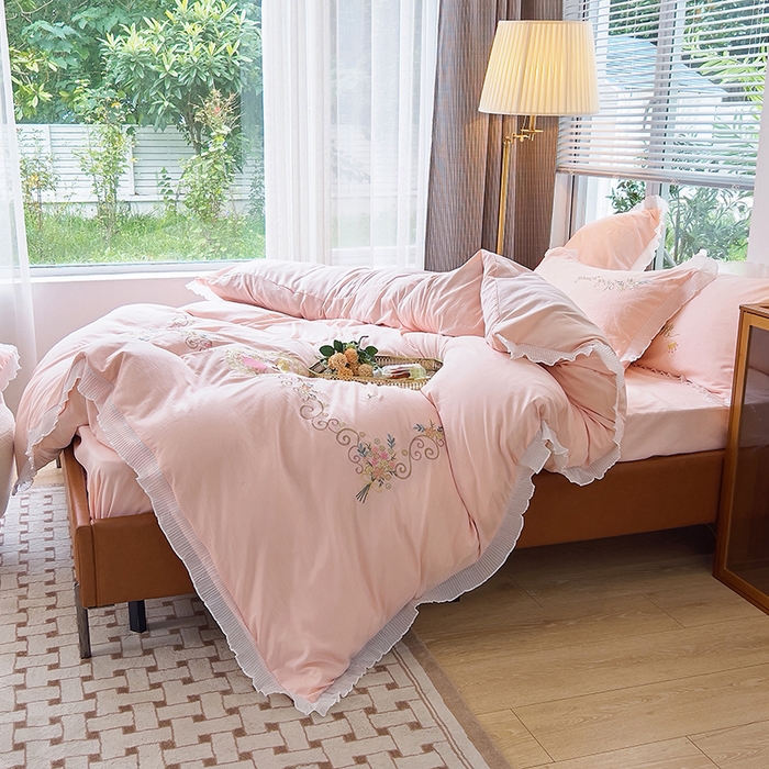 91家纺网 家纺一手货源 找家纺 青泽家纺 2025新款母婴级ins风韩版绣花荷叶边水洗棉磨毛四件套 安娜公主玉