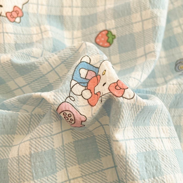 91家纺网 家纺一手货源 找家纺 海岛哥哥 2025新款高克重（110克）云感提花皱皱纱正版三丽鸥四件套系列 甜蜜电话-蓝