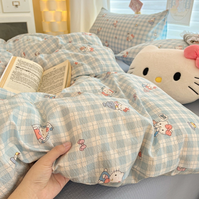 91家纺网 家纺一手货源 找家纺 海岛哥哥 2025新款高克重（110克）云感提花皱皱纱正版三丽鸥四件套系列 甜蜜电话-蓝