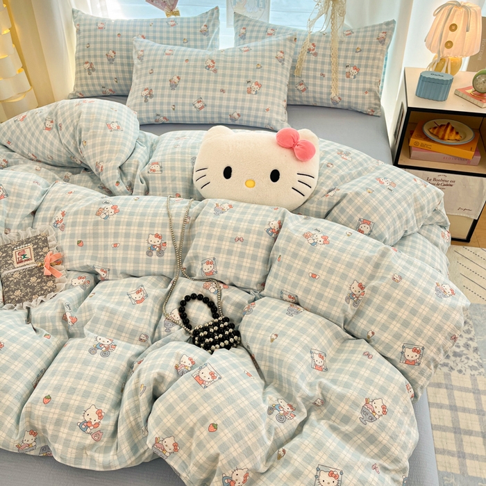 91家纺网 家纺一手货源 找家纺 海岛哥哥 2025新款高克重（110克）云感提花皱皱纱正版三丽鸥四件套系列 甜蜜电话-蓝